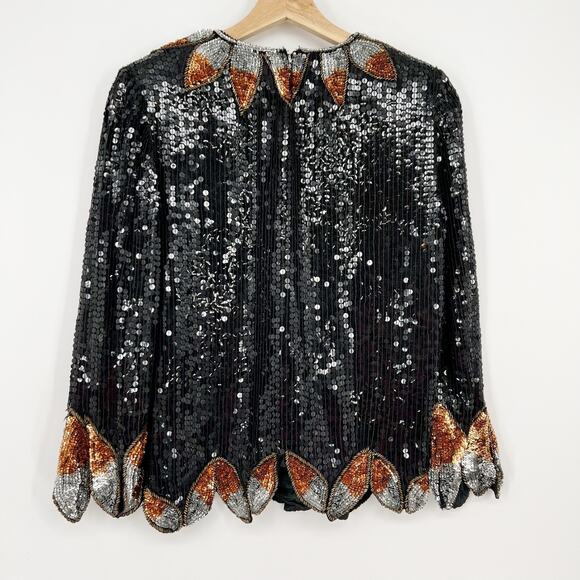Vintage Royal Feeling Silk Sequin Evening Blouse Top NEW Small Black Silver Glam - Picture 2 of 11